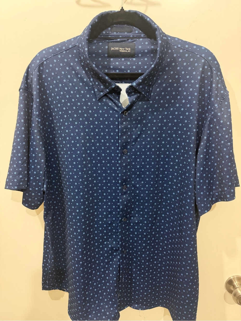 JACHS New York Blue Geometric Stretch Short Sleeve Button Down Shirt Large L